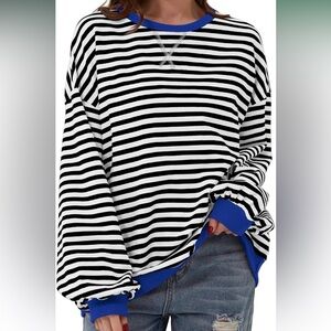 Black and White Striped Oversized Sweatshirt with Blue Trim…Medium